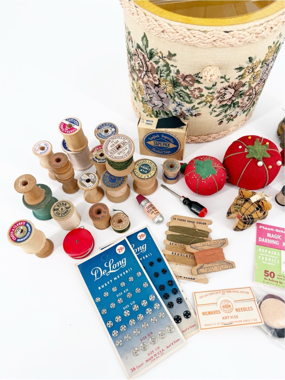 Vintage Tapestry Sewing Basket Full of Vintage Sewing Supplies - Picture 8 of 13